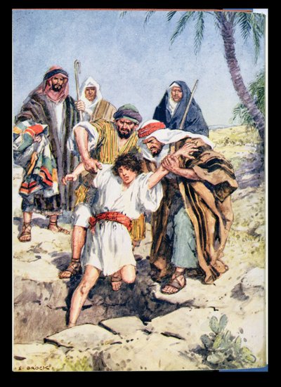 "Eles o jogaram em um buraco", ilustração de "Through the Bible", Virtue Publishing, 1928 de Charles Edmund Brock